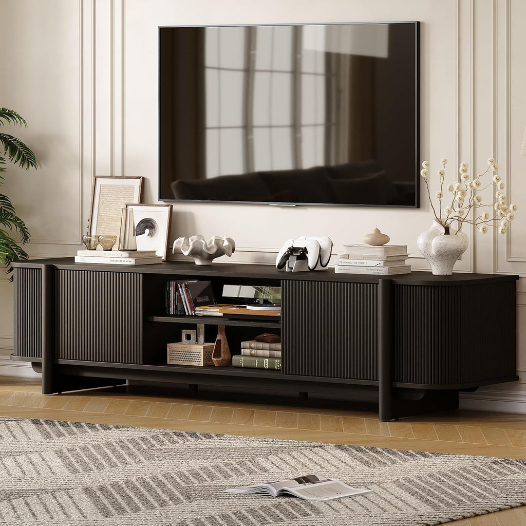 Vabches 70" Mid Century TV Stand for TVs up to 80 Inch,Fluted Entertainment Center with Storage and Adjustable Shelves,Modern Media Console Table for Living Room,Bedroom,Black