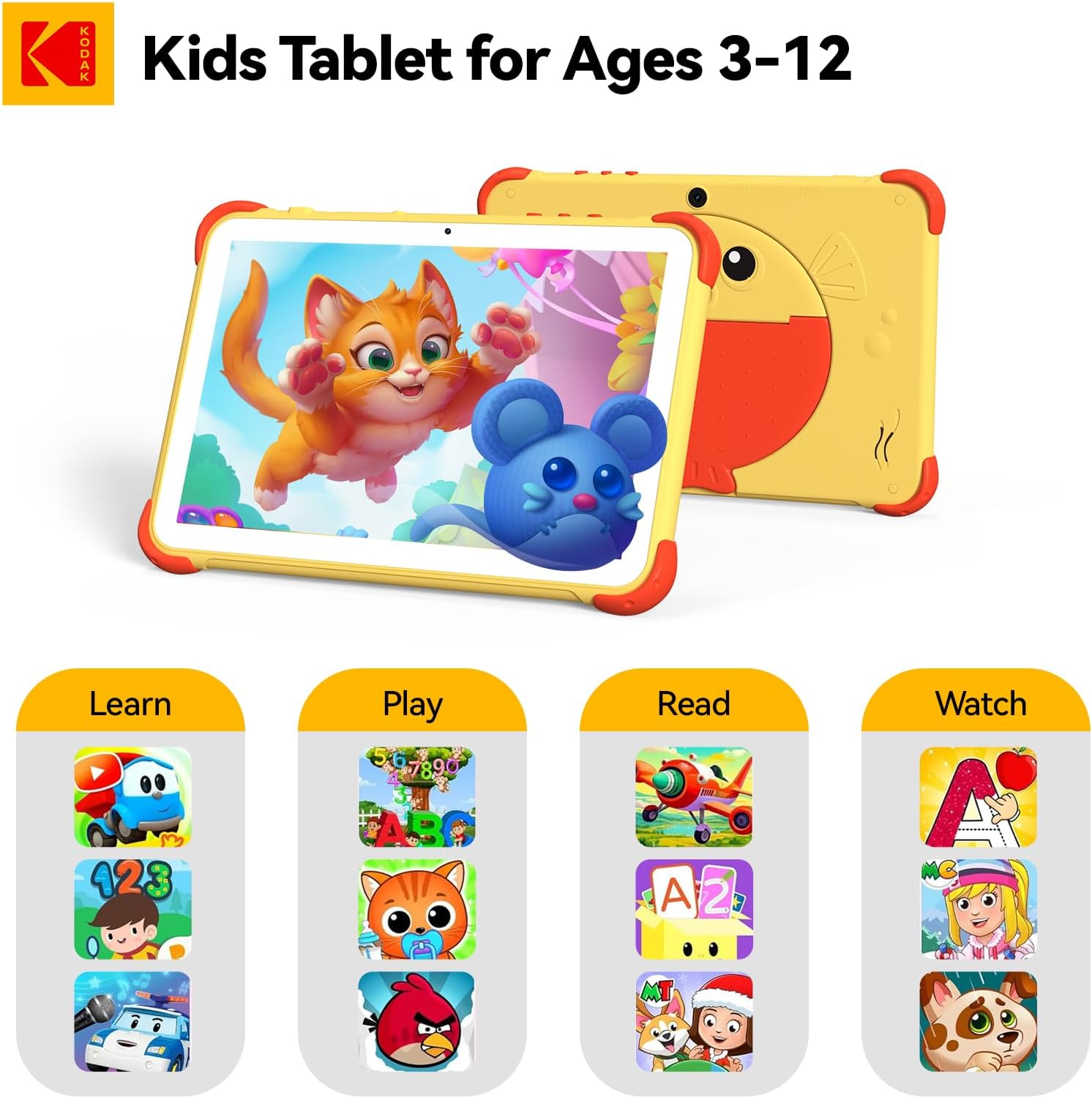 KODAK 10.1 Inch Android 15 Kids Tablet, 12GB RAM+64GB ROM(1TB Expand) Tablet for Kids, 6000mAh Battery, Parental Control, Blue Light Eye Protection, Shockproof Case for Learning