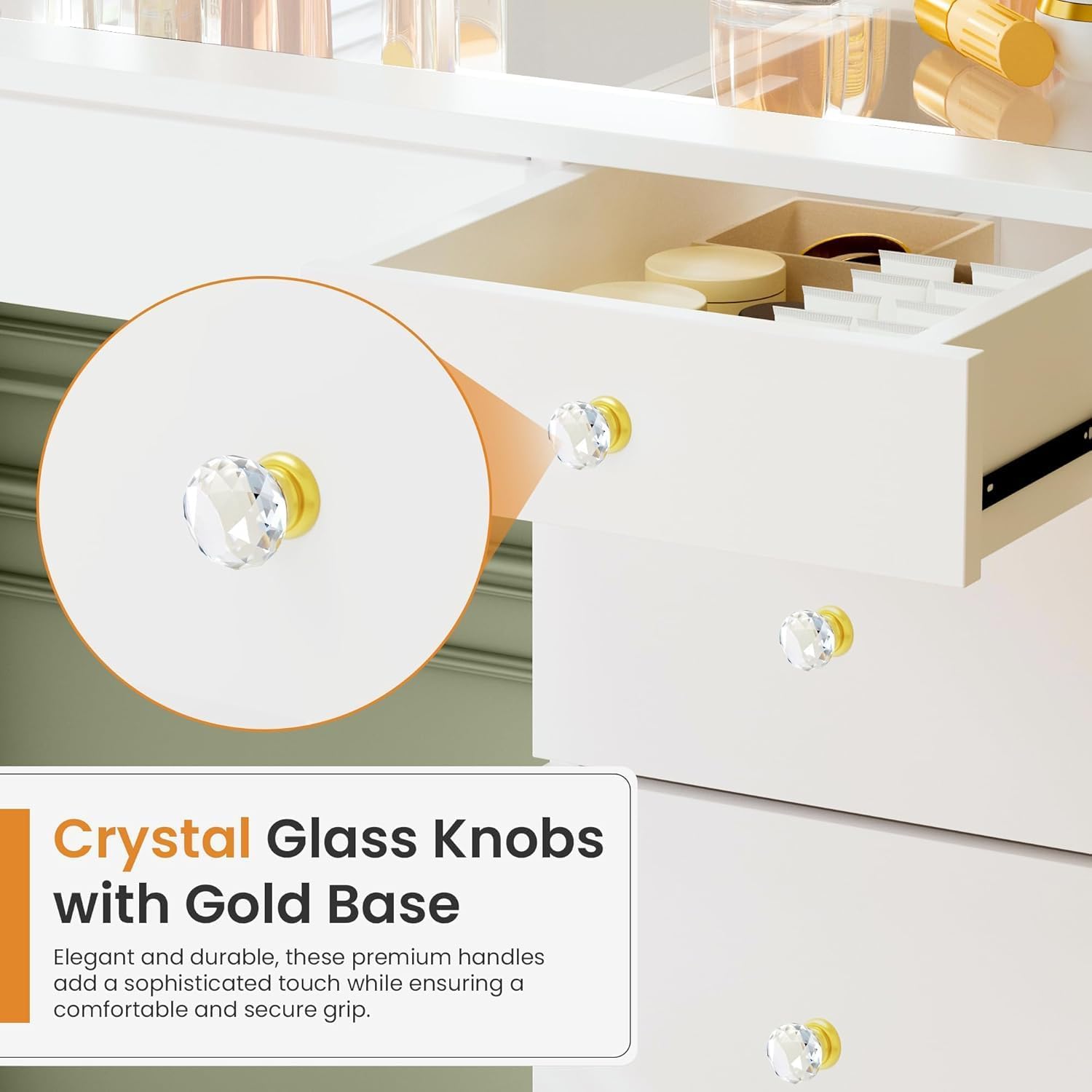 Pamapic Glass Top Vanity Desk with Crystal Handles and 11 Drawers, Makeup Vanity with Mirror and Lights, 3 Lighting Modes Dressing Table, Power Outlet, Silent Slides, White