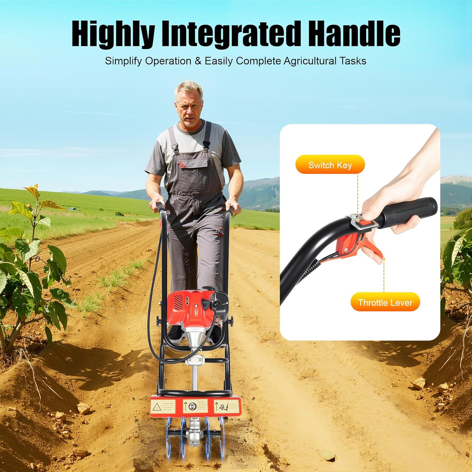 2-Cycle Gas Powered Tiller Cultivator, 52CC Farmyard Tilling Machine, 14.17-Inch Tilling Width, Easy Start, Hand-Pull Recoil, Single Cylinder Air-Cooled Garden Tool, for Lawn Yard & Gardening Care