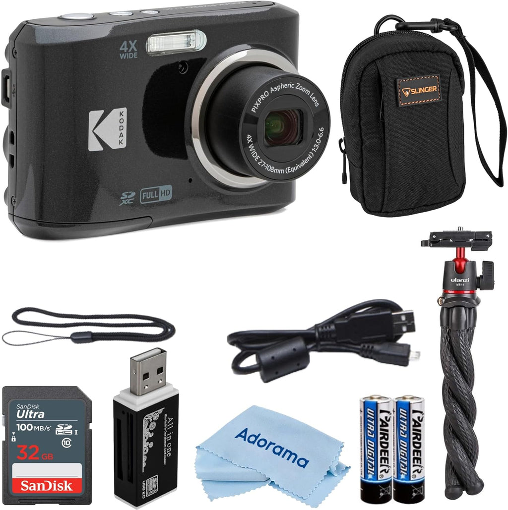 Kodak PIXPRO FZ45 Friendly Zoom 16MP Full HD Digital Camera, Bundle with 32GB Memory Card and Camera Bag, Flexible Tripod, and Card Reader (Black)