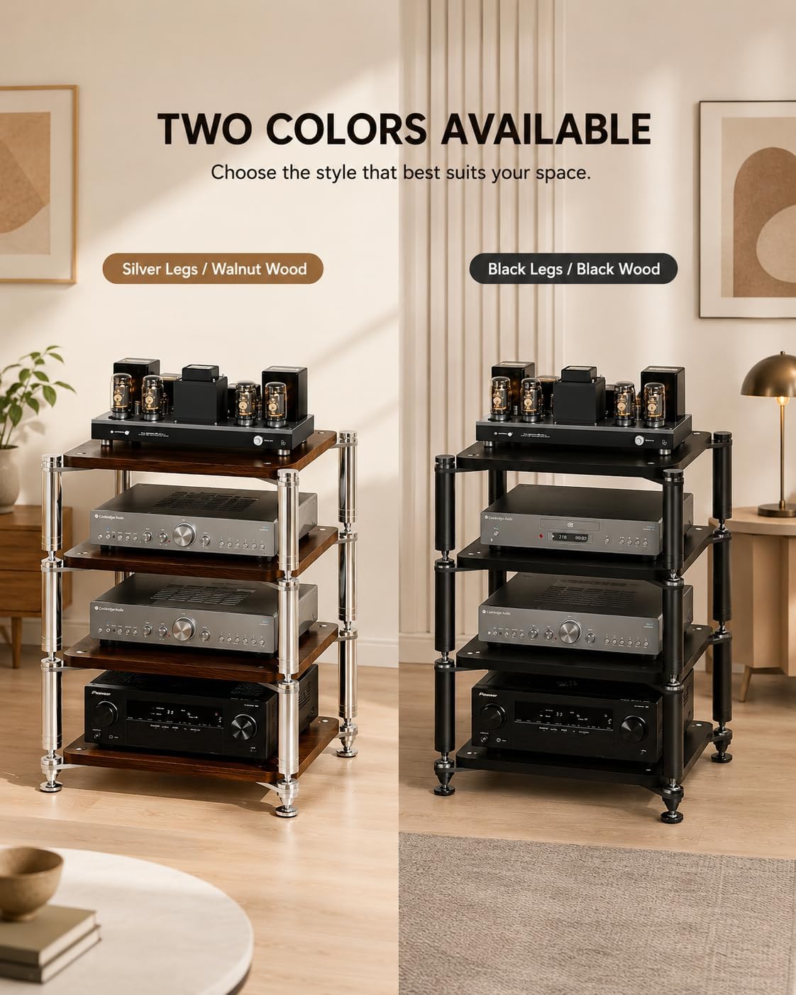 Heavy Duty AV Stand, Open Design's Audio Racks with Shock-Absorbing Foot pegs, Strong Load-Bearing Capacity Audio Component Rack, for Offices and Recording Studios (Black Black, 4tier)
