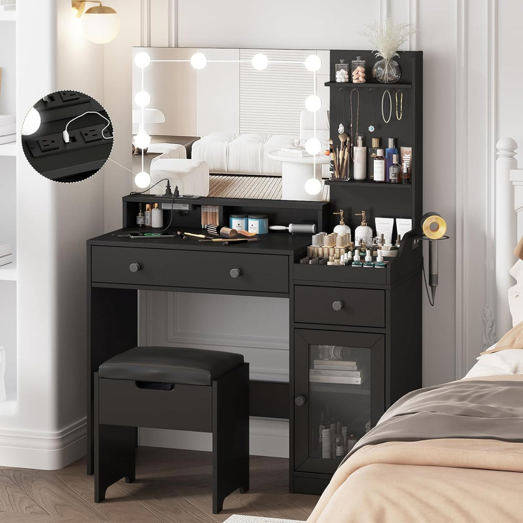 Vabches Vanity with Mirror and Lights,Makeup Vanity Table with Charging Station,Dressing Table with Stool & 3 Storage Compartments,3 Color Modes Available for Bedroom,Black
