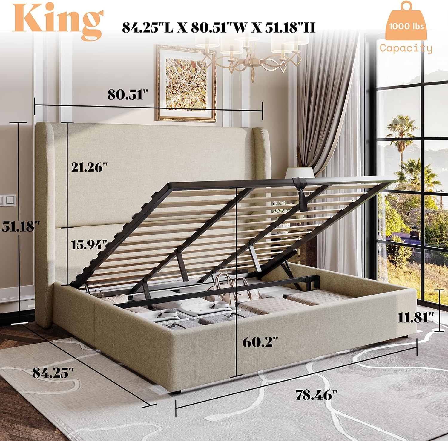 AMERLIFE Lift Up Storage Bed King Size Linen Upholstered Platform Bed Frame, Hydraulic Storage,Modern Wingback Headboard, No Box Spring Needed, Khaki