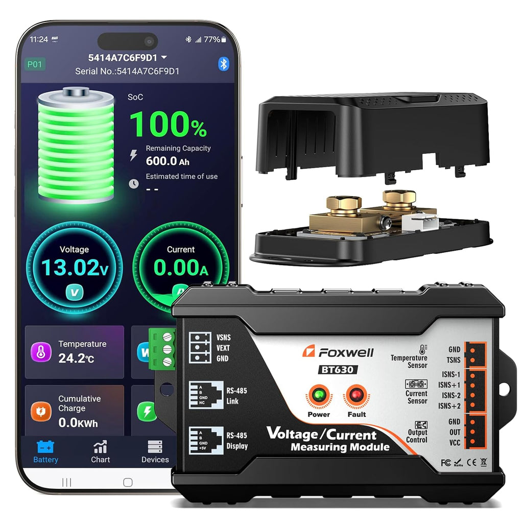 Bluetooth Battery Monitor with 600A Smart Shunt FOXWELL BT630, Track Volt/Amp/Watt/Capacity, 8 Protection Alarms, for LiFePO4/Lithium/RV/Solar/Marine/Off-Grid, Extend Battery Life, Easy Install, 2026