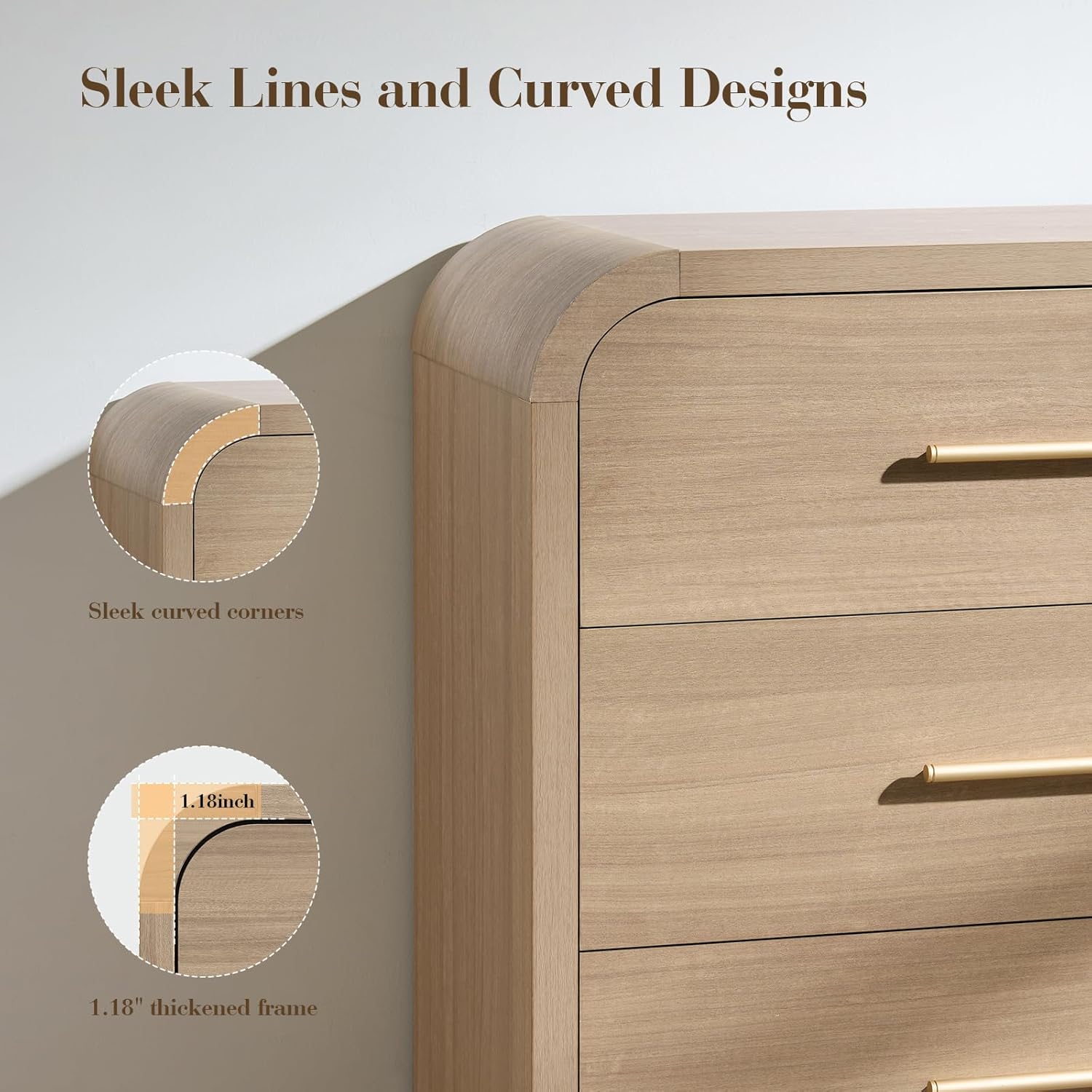 3-Piece Modern Bedroom Furniture Set, 6-Drawer& 2-Drawer Nightstands Set of 2, Unique Curved Design Wooden Dresser and Nightstand Sets for Bedroom, Hallway, Oak