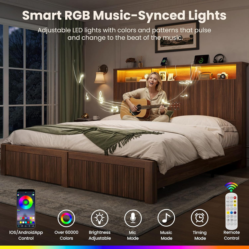 CypBed King Size Bed Frame and Headboard& 2 Storage Drawers, King Bed Frame with LED Light and Charging Port, Farmhouse Wavy Design, Wood & Metal Platform, Noise-Free, No Box Spring Needed, Walnut