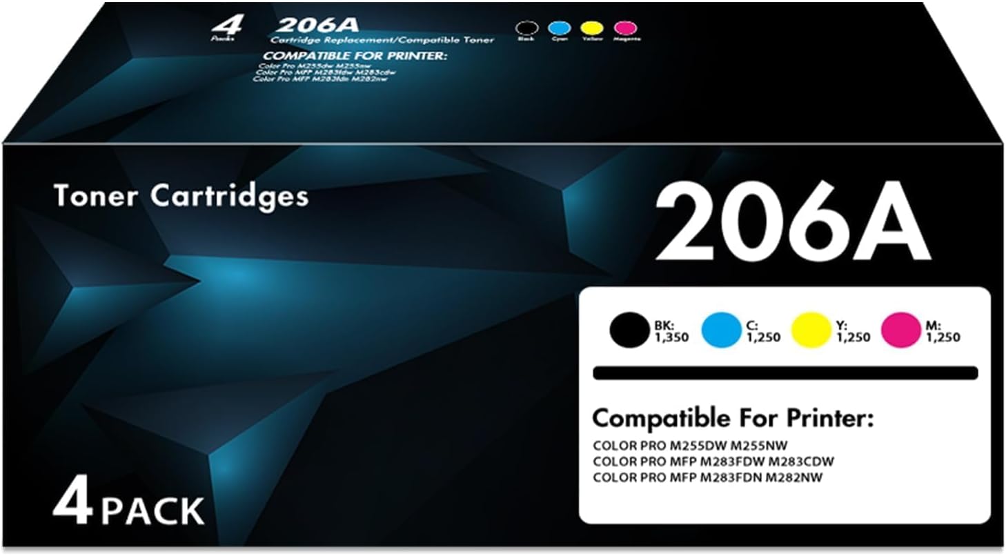 206A Toner Cartridges 4 Pack Color Laser jet Pro MFP M283fdw M283cdw Compatible for HP 206A 206X W2110A W2110X Toner Set for Color Laser Jet Pro MFP M255dw M283fdw M283cdw M255nw Printer Ink with Chip