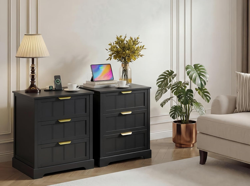 ChooChoo 27" Black Nightstand Set of 2, 3 Drawer Night Stand with Charging Station, Larger Bedside Table with USB-C Port, Modern End Table with Storage for Bedroom
