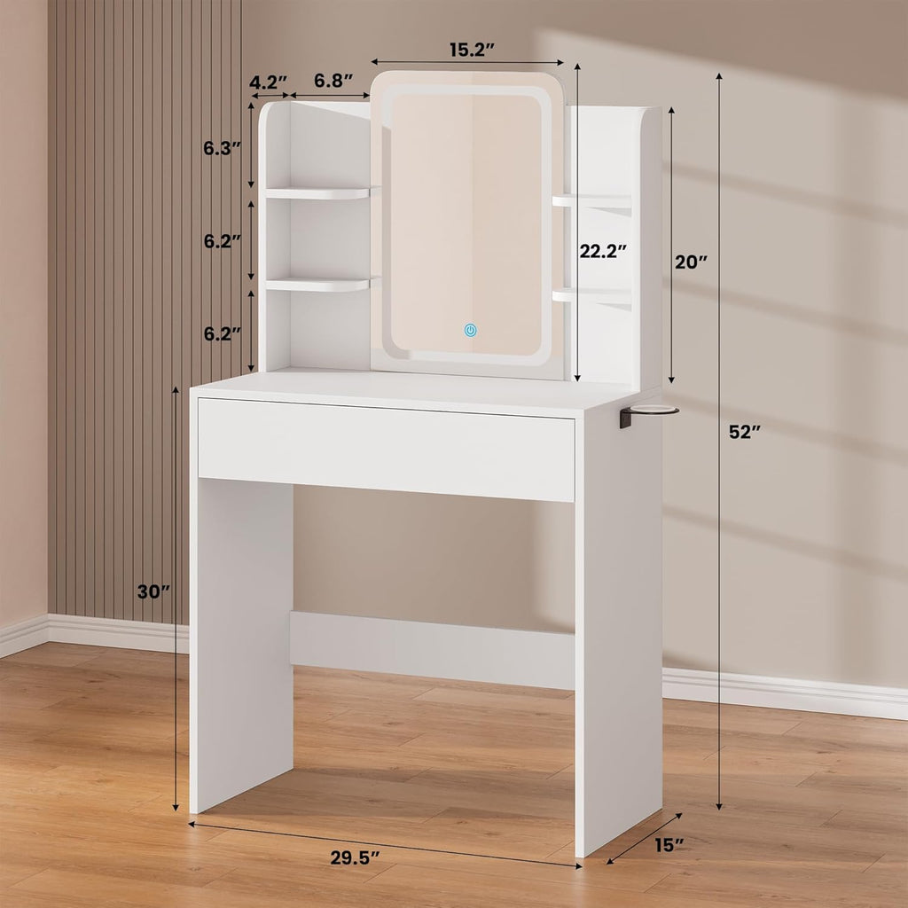 HAIOOU Small Vanity Desk with Mirror and Lights, Makeup Vanity Desk with Storage Drawer, Compact Dressing Table with 3-Tier Open Shelf for Girls Women Bedroom (White)