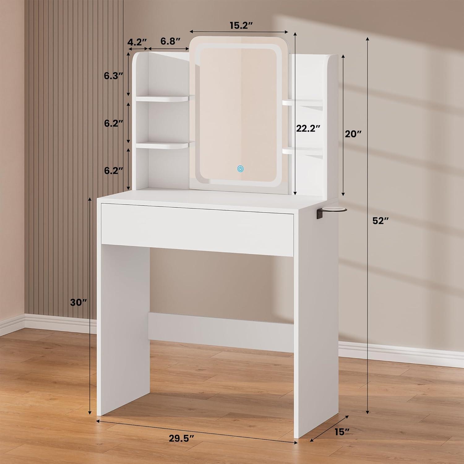 HAIOOU Small Vanity Desk with Mirror and Lights, Makeup Vanity Desk with Storage Drawer, Compact Dressing Table with 3-Tier Open Shelf for Girls Women Bedroom (White)