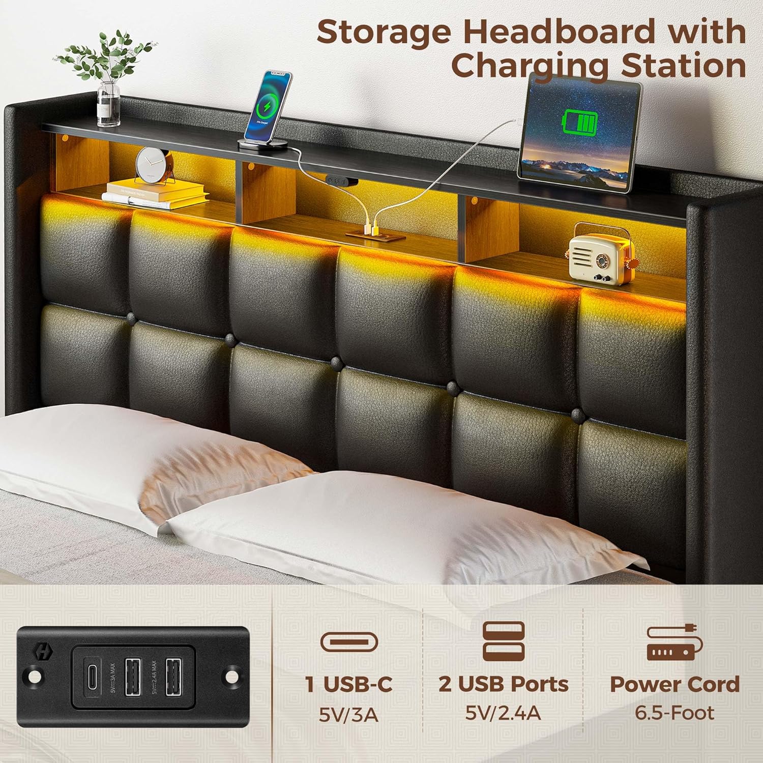 Rolanstar Full Lift Up Bed Frame with Storage, PU Leather Upholstered Headboard with Shelves, RGB LED Lights & Charging Station (USB-C), Wood Slats, Noise-Free, No Box Spring, Black