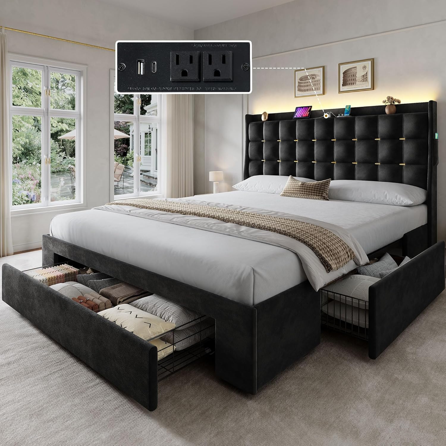 DWVO Queen Size Bed Frame with 3 Storage Drawers and RGB LED Lights, Velvet Upholstered Bed with Charging Station and Storage Headboard, No Box Spring Needed, Easy Assembly, Noise-Free, Black