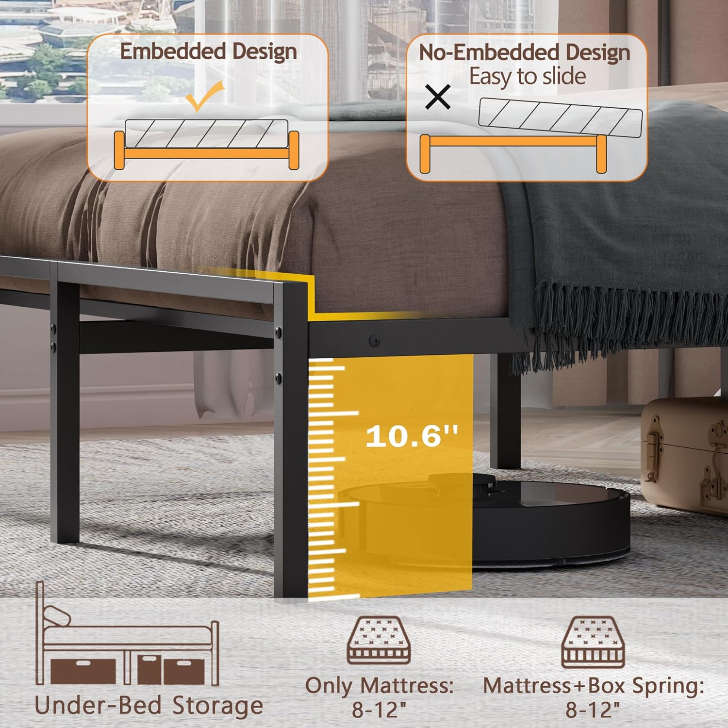 OURPIC Full Size Bed Frame with Headboard, Bed Frame Full Size with LED Light and Charging Station, Black Metal Platform Bedframe and Storage Shelf, No Box Spring Needed, Noise Free