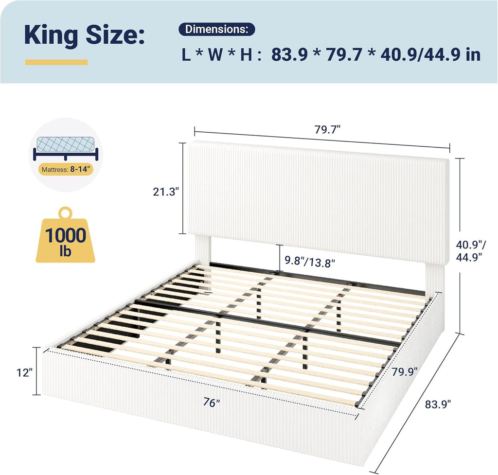 Allewie King Bed Frame, Upholstered Platform Bed, Adjustable Vertical Channel Tufted Headboard, Corduroy Fabric, Modern Low Profile, Wooden Slats, No Box Spring Needed, Easy Assembly, White