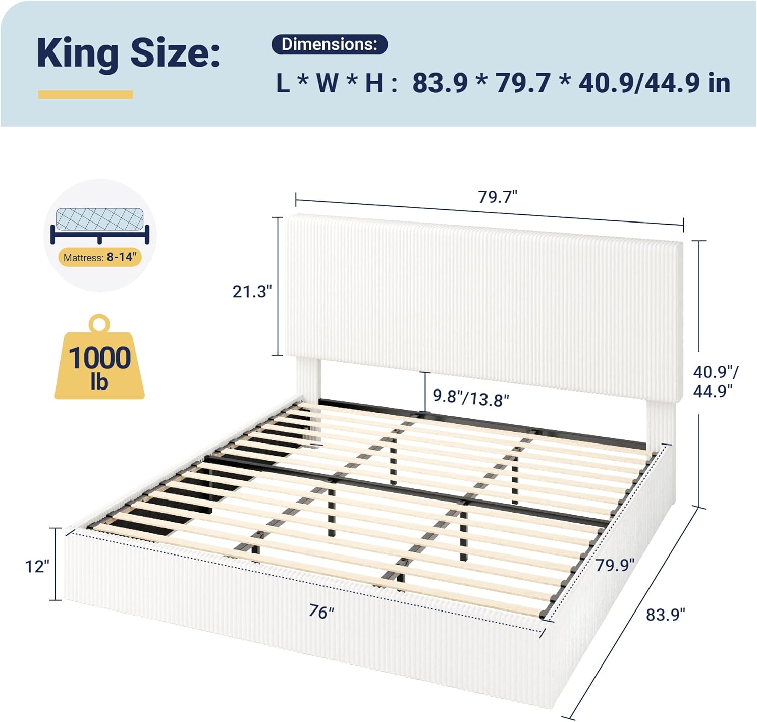 Allewie King Bed Frame, Upholstered Platform Bed, Adjustable Vertical Channel Tufted Headboard, Corduroy Fabric, Modern Low Profile, Wooden Slats, No Box Spring Needed, Easy Assembly, White