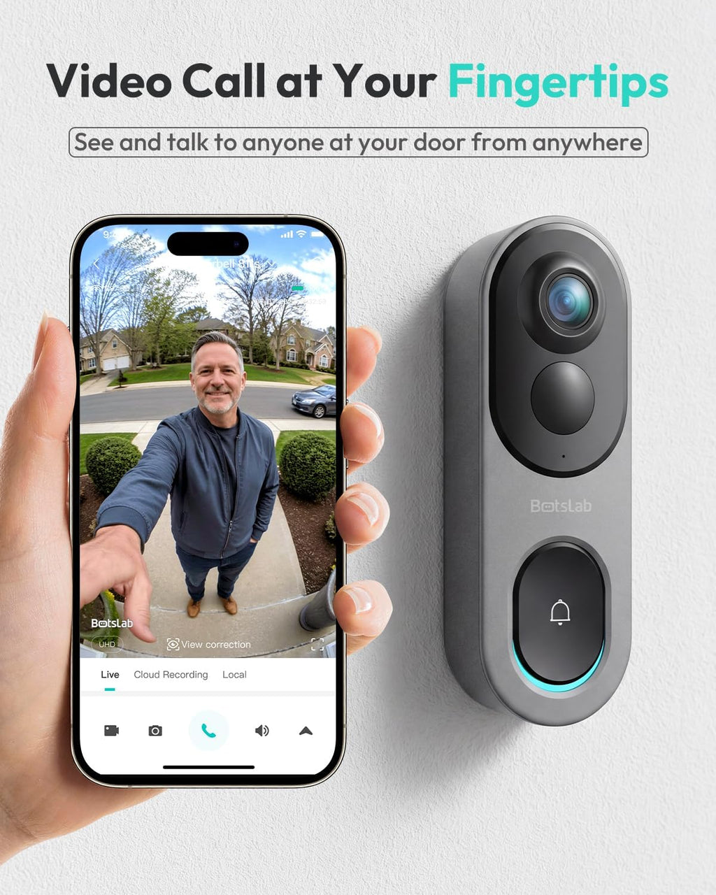 BOTSLAB 5MP Wireless Video Doorbell Camera,180° Head-to-Toe View, AI Motion Detection, VR Mode, Battery or Wired Powered, Easy Installation, Weatherproof, No Monthly Fee, 2.4GHz WiFi