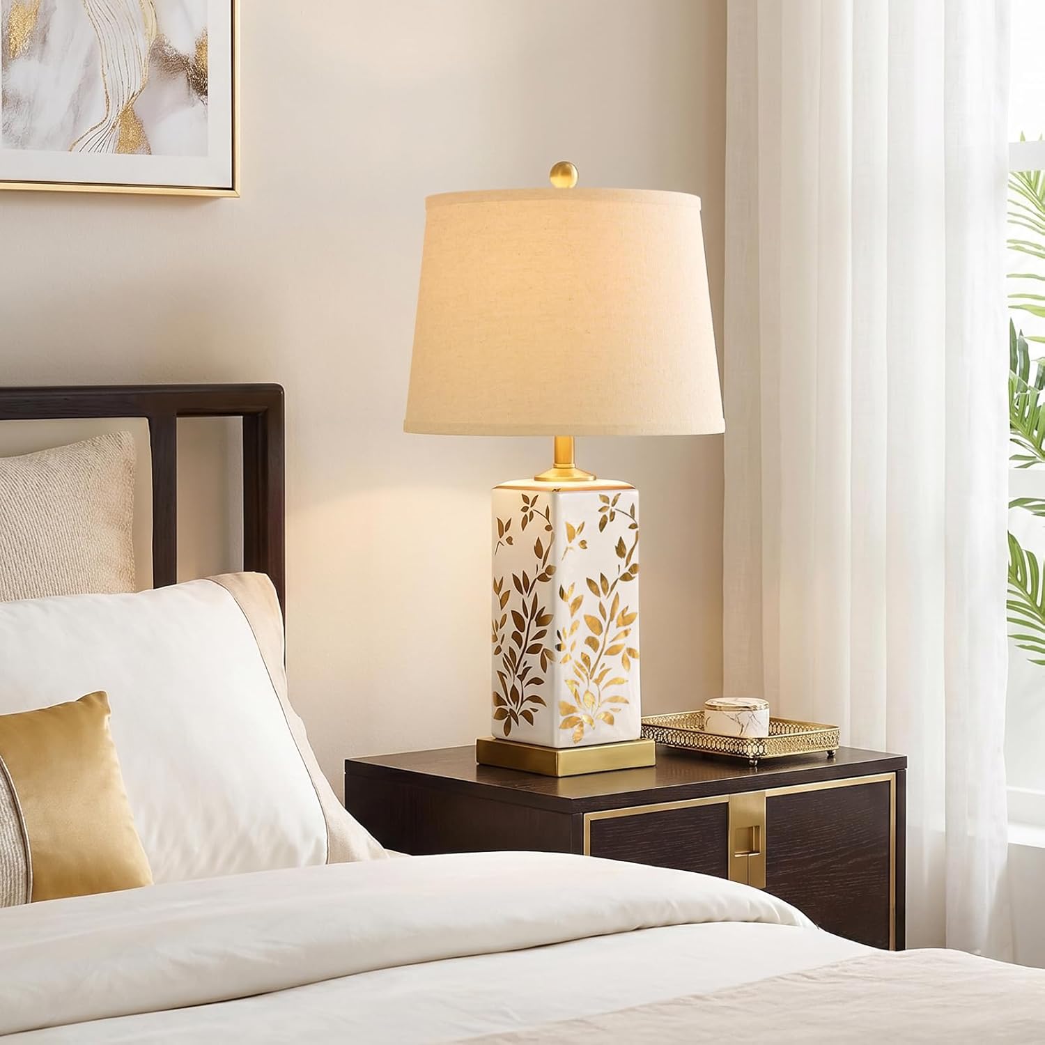 24.25" Mid Century Modern Lamp Set of 2, Vintage Farmhouse Chinoiserie Ceramic Table Lamps, Reflective Gold Leaf Pattern Bedside Lamps for Bedroom Living Room Nightstand, White & Gold