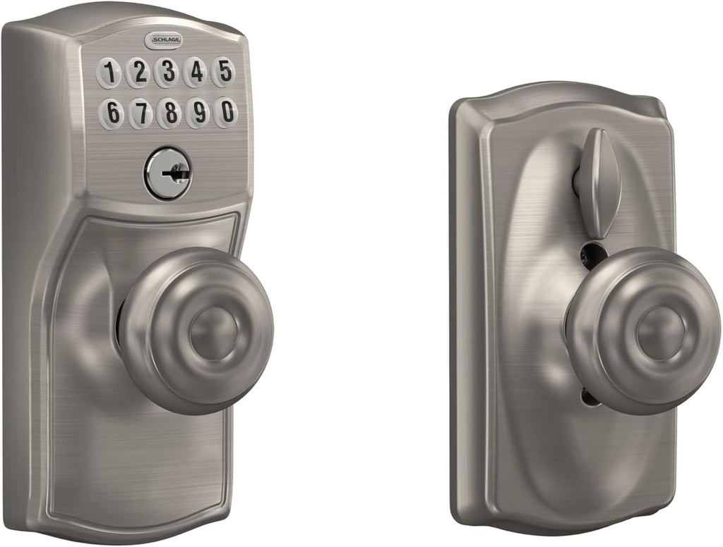 Schlage Camelot Keypad Lock with Knob, Electronic Keyless Door Entry, Flex Lock Auto‑Lock Option, Satin Nickel, FE595 CAM 619 GEO