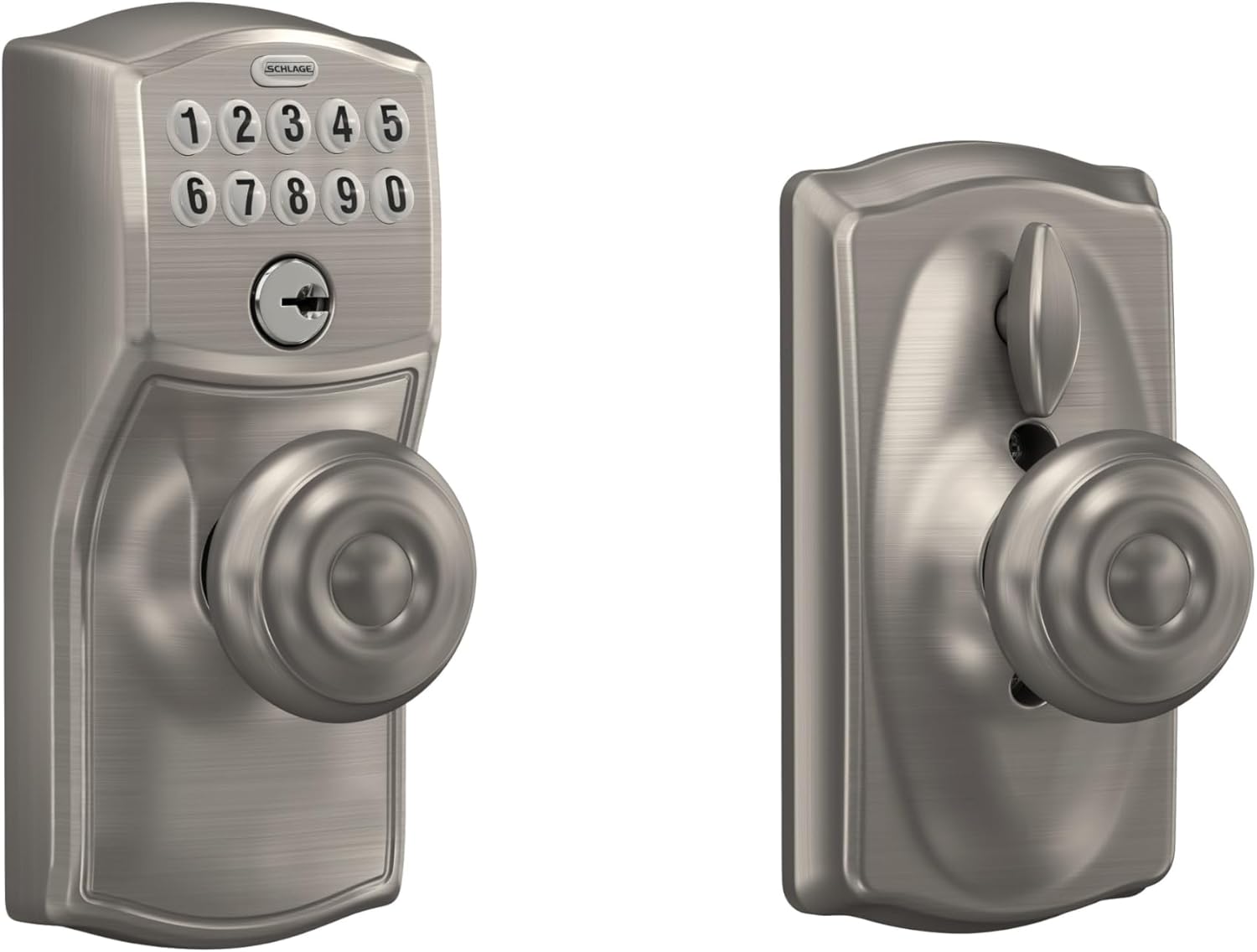 Schlage Camelot Keypad Lock with Knob, Electronic Keyless Door Entry, Flex Lock Auto‑Lock Option, Satin Nickel, FE595 CAM 619 GEO