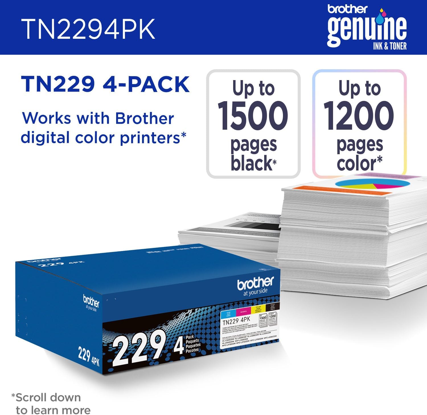 Brother Genuine TN2294PK Standard Yield 4-Pack Printer Toner Cartridges - Black, Cyan, Magenta, Yellow Toner Multipack