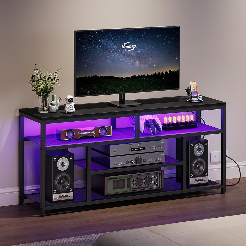 HOOBRO LED TV Stand with Charging Station, 4-Tier Entertainment Gaming Center, Modern Media Console Table, Open Shelves, 55.1"L x 13.8"W x 26.2"H, for TVs up to 65", for Living Room, Black BB47UDDS01