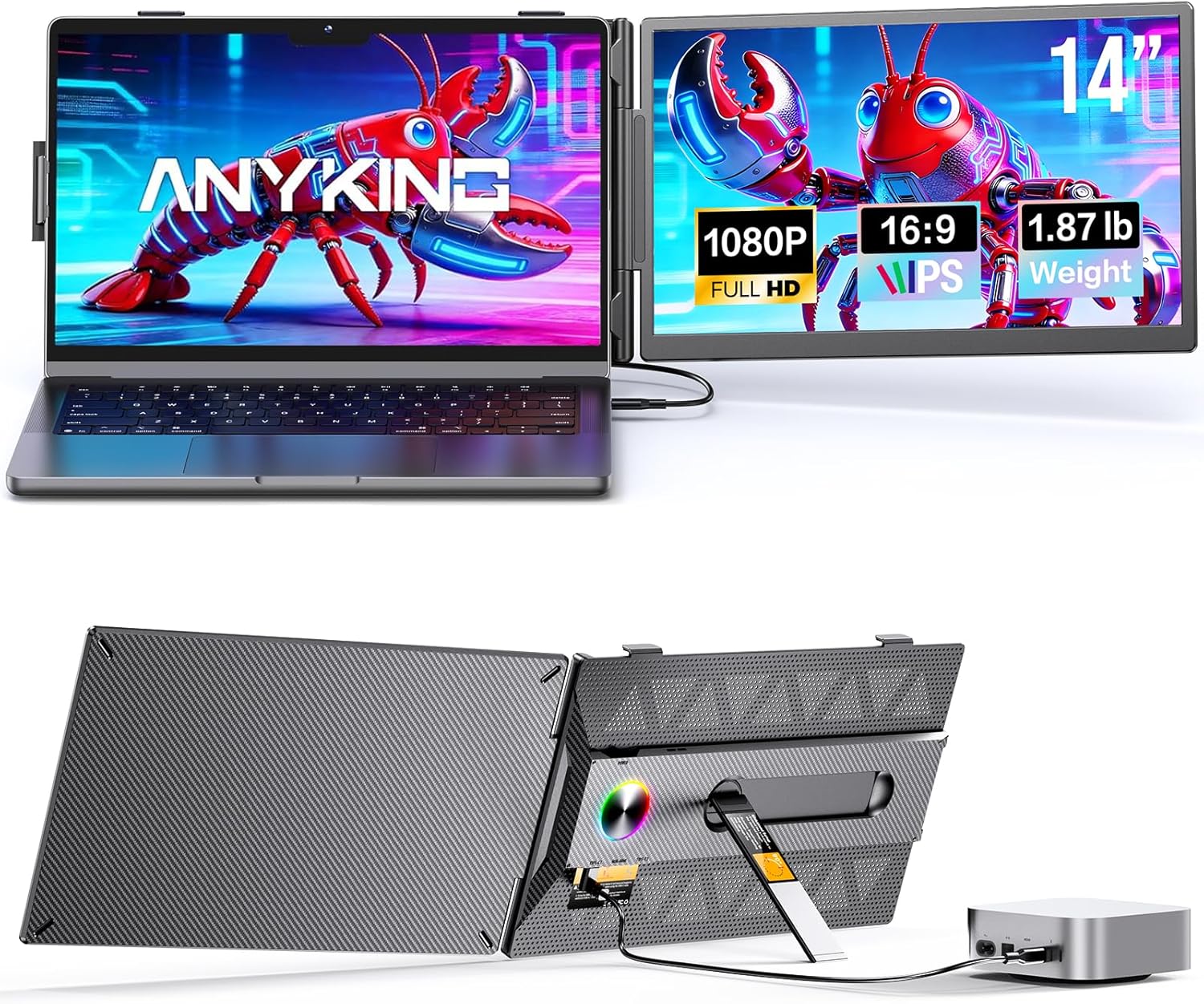 Laptop Screen Extender, 14” FHD 1080P Portable Monitor for Laptop with 100% sRGB, Dual Screen Extender for Laptop 13–17.3”, Plug & Play External Monitor, Business Travel & Home Office