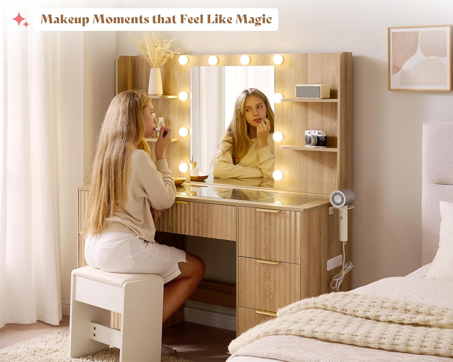 AMERLIFE 47.2" Fluted Vanity Desk with Mirror and Adjustable LED Lights, Large 7 Drawers Makeup Vanity Table with Glass Top and Charging Station for Women and Girls, Bedroom or Dorm, Natural Oak