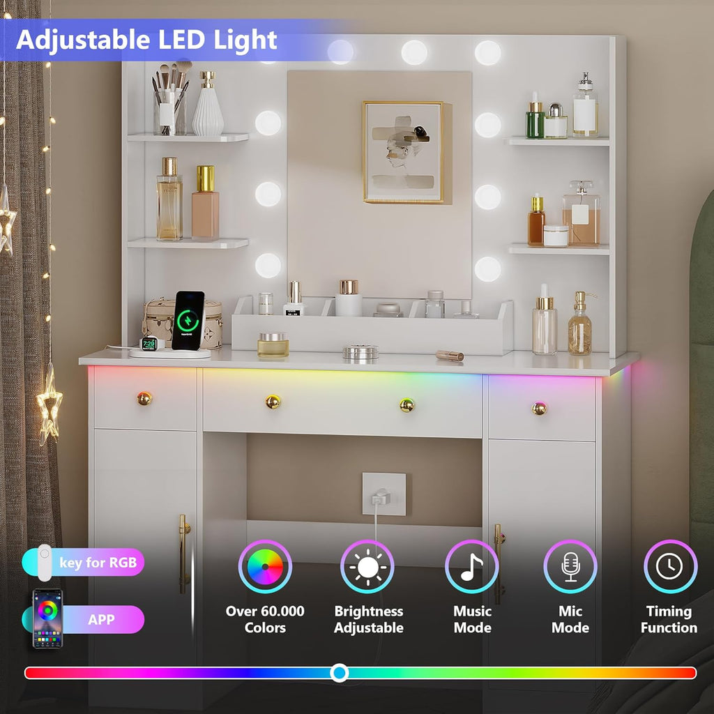 HUANLEGO Vanity Desk with Mirror and Lights, Makeup Vanity with Mirror and LED Lights & Power Outlet, 3 Drawers and Cabinets, 3 Lighting Modes Dressing Table Set for Girls Women Bedroom, White