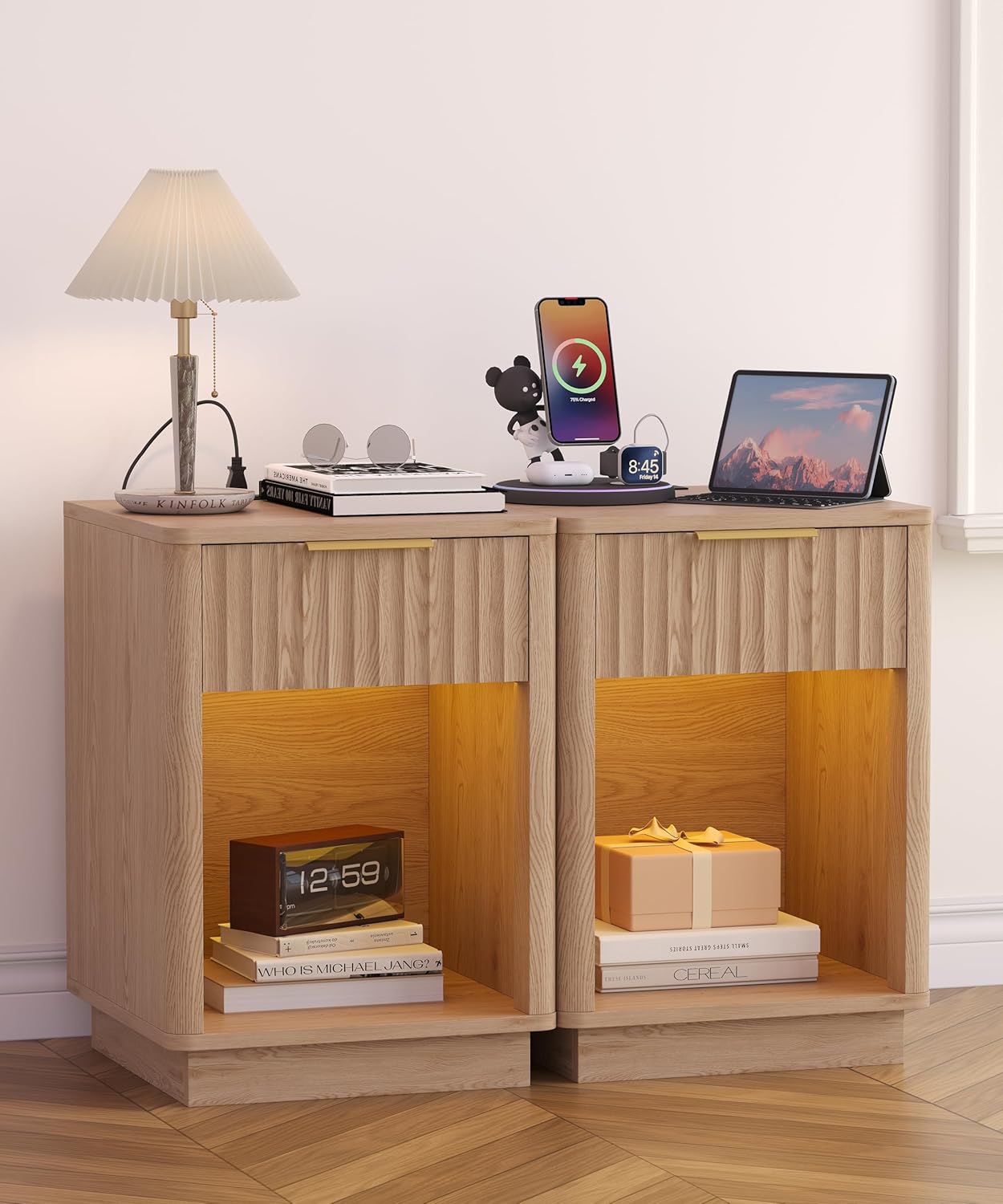 Akxomel Fluted Nightstands Set of 2, Wooden Night Stand with Charging Station and LED Light, Modern Mid Century Bed Side End Table with Drawer, 15" D x 15.7" W x 22.6" H, for Bedroom, Natural Oak