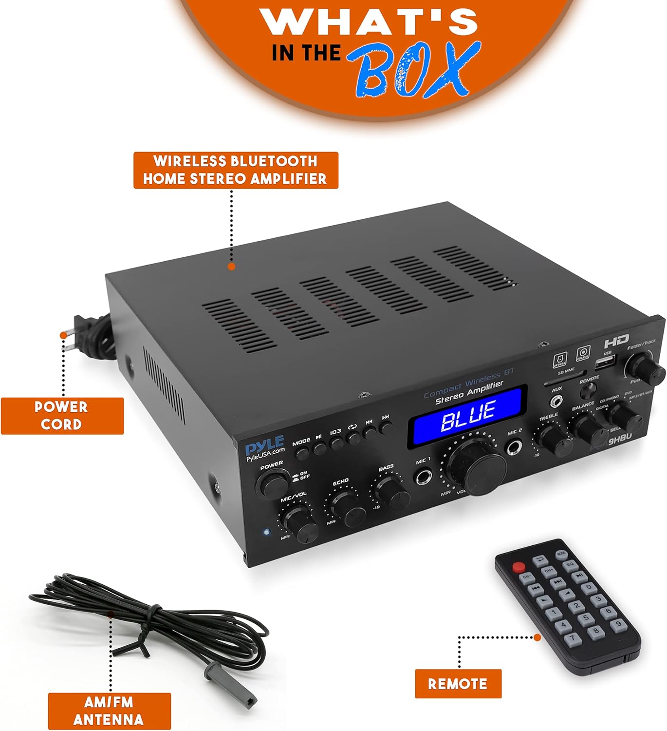 PyleUsa Wireless Bluetooth Home Stereo Amplifier - Multi-Channel 200 Watt Power Amplifier Home Audio Receiver System w/ HDMI, Optical/Phono/Coaxial,FM Radio, USB/SD, AUX, RCA,Mic in Remote - PDA9HBU.6