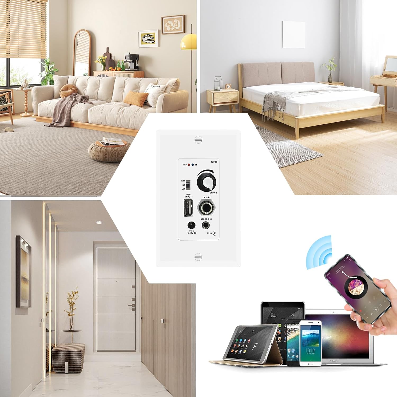 6.5'' Bluetooth in Ceiling Speakers with Wall Amplifier Receiver 600W Flush Mount Ceiling & in-Wall Speaker System for Home Theater Office Bathroom Living Room Kitchen(2Pairs)