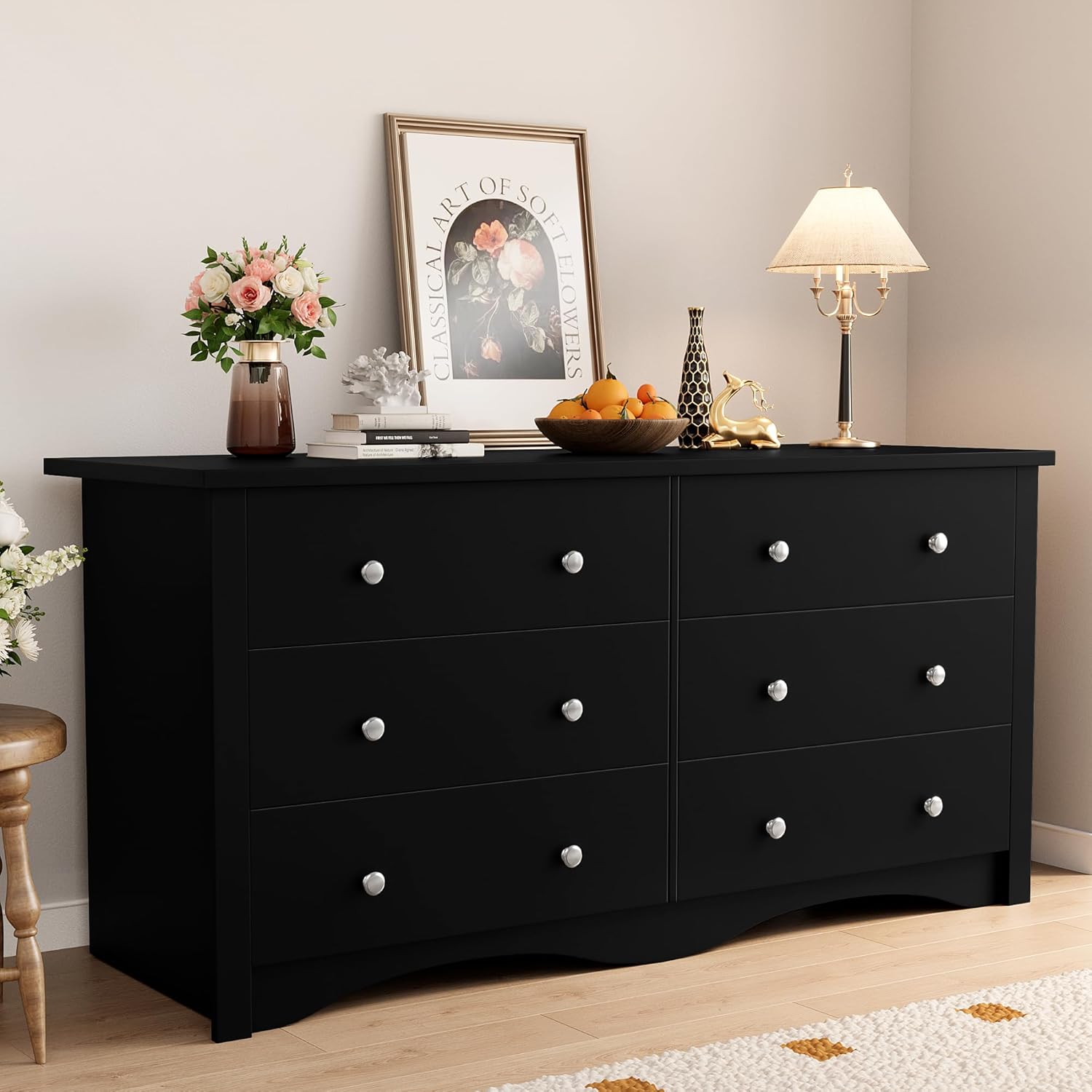 Shahoo Black Dresser for Bedroom with 6 Drawers, 47.2" Wide Chest Storage Organizer and TV Stand for Living Room, Closet, Hallway, Dormitory
