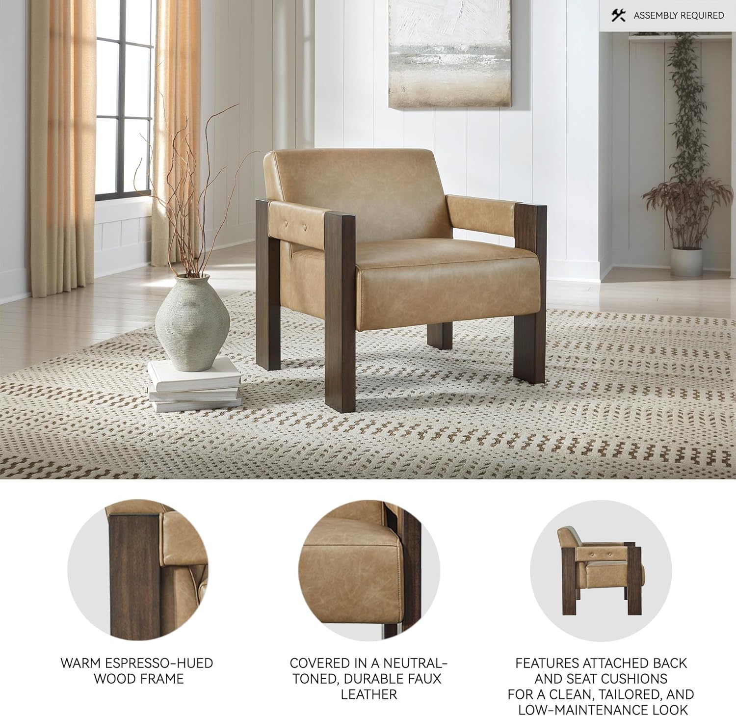 Signature Design by Ashley Adlanlock Contemporary Faux Leather Accent Chair with Wood Frame, Light Brown