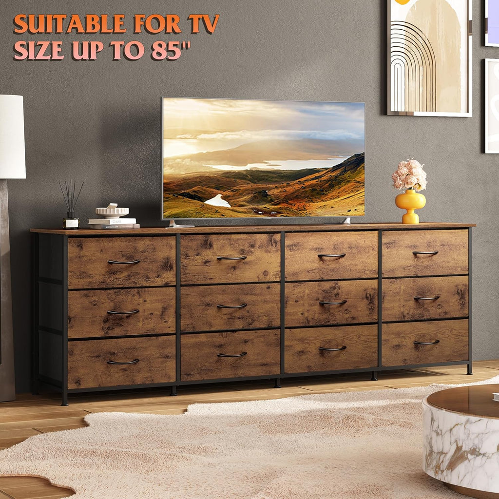 WLIVE 75.5'' Dresser for Bedroom, TV Stand for 85,80,75,65 Inch TV, 12 Drawer Long Fabric Dresser with Wood Top, Wide Entertainment Center Storage Chest for Living Room, Closet, Rustic Brown