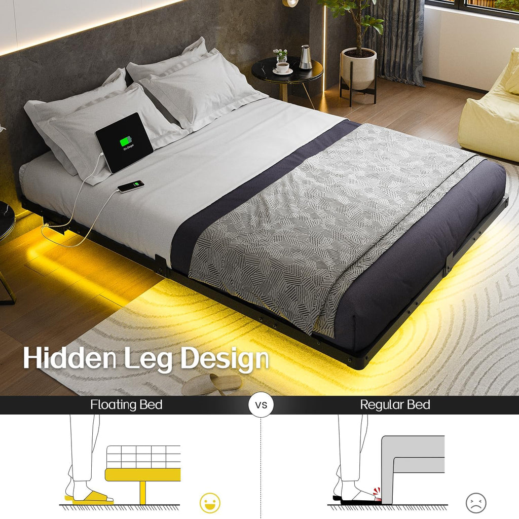 Liians Queen Size Floating Bed Frame with USB Charging Station and LED Lights, Modern Metal Platform Bed Frame with Mattress Slide Stopper, Noise Free No Box Spring Needed and Easy Assembly