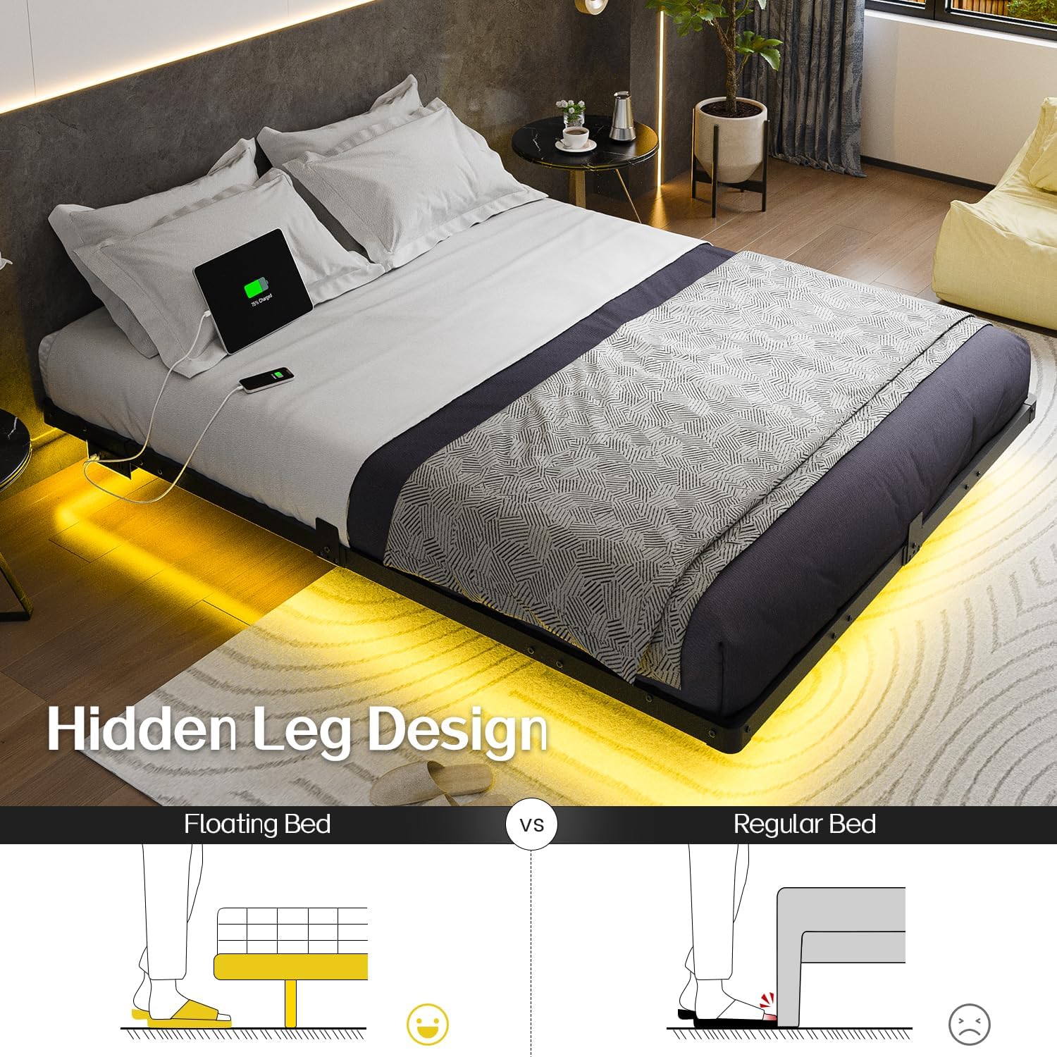 Liians Queen Size Floating Bed Frame with USB Charging Station and LED Lights, Modern Metal Platform Bed Frame with Mattress Slide Stopper, Noise Free No Box Spring Needed and Easy Assembly