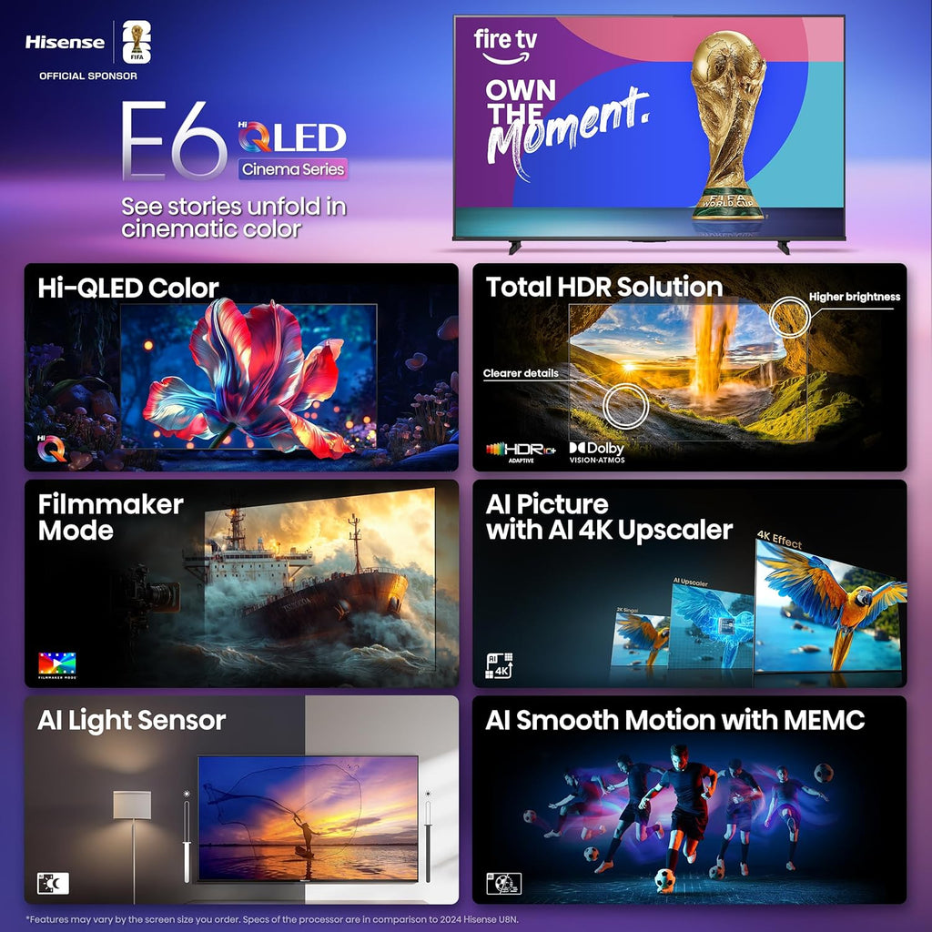 Hisense 55" E6 Cinema Series Hi-QLED 4K UHD Smart Fire TV (55E6QF, 2025 Model) - AI Light Sensor, Dolby Vision · Atmos, Voice Remote with Alexa, Motion Rate 120, HDR 10+ Adaptive, Game Mode Plus