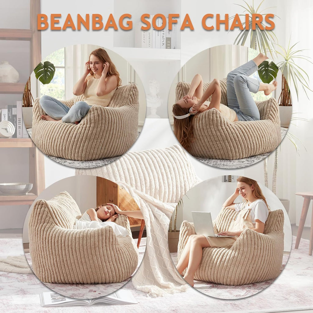Giant Bean Bag Chairs for Adults Teens with Filling Large Fluffy Bean Bag Chair with Armrests Plush Comfy BeanBag Couch Sofa Chair for Bedroom Living Room Reading