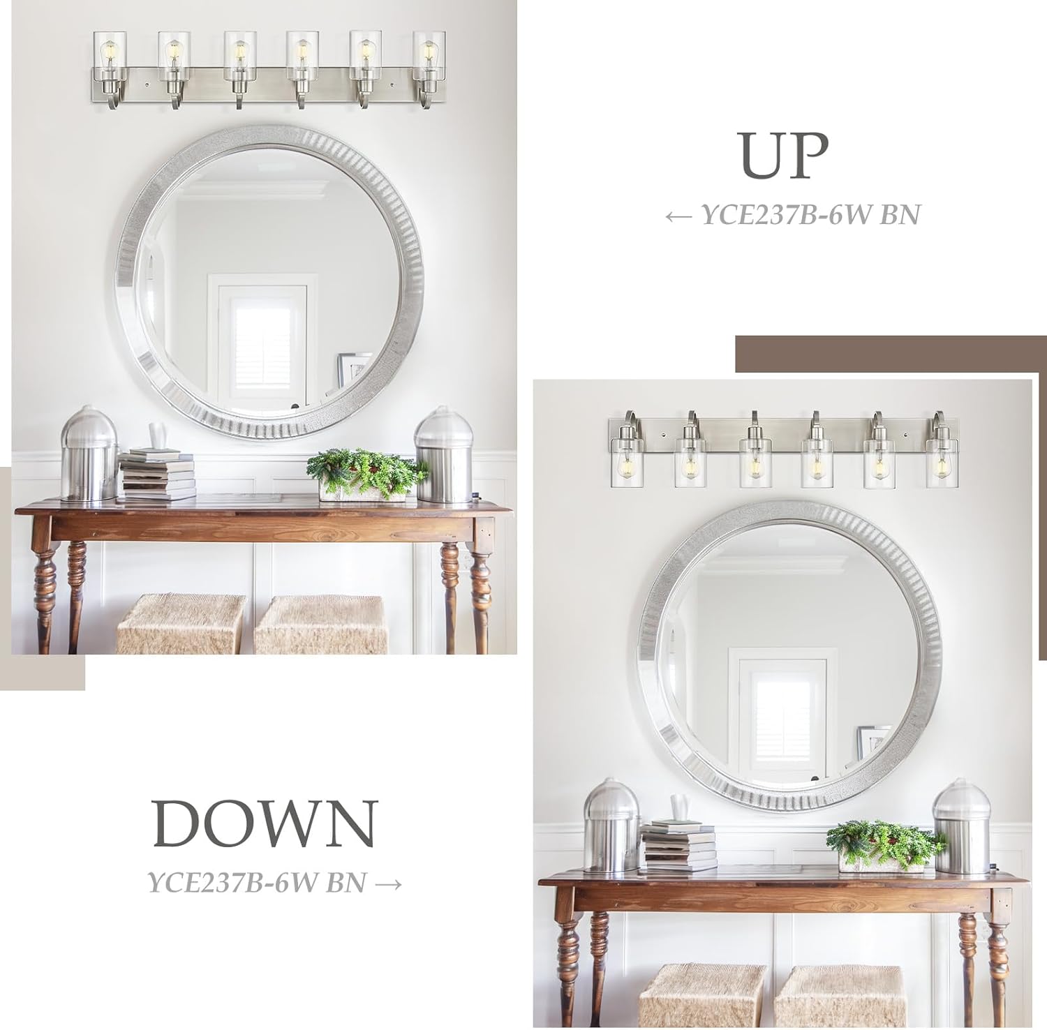 Emliviar Large Bathroom Wall Light, 6-Light Industrial Bathroom Lighting Fixtures Over Mirror, Brushed Nickel Finish with Clear Glass, YCE237B-6W BN