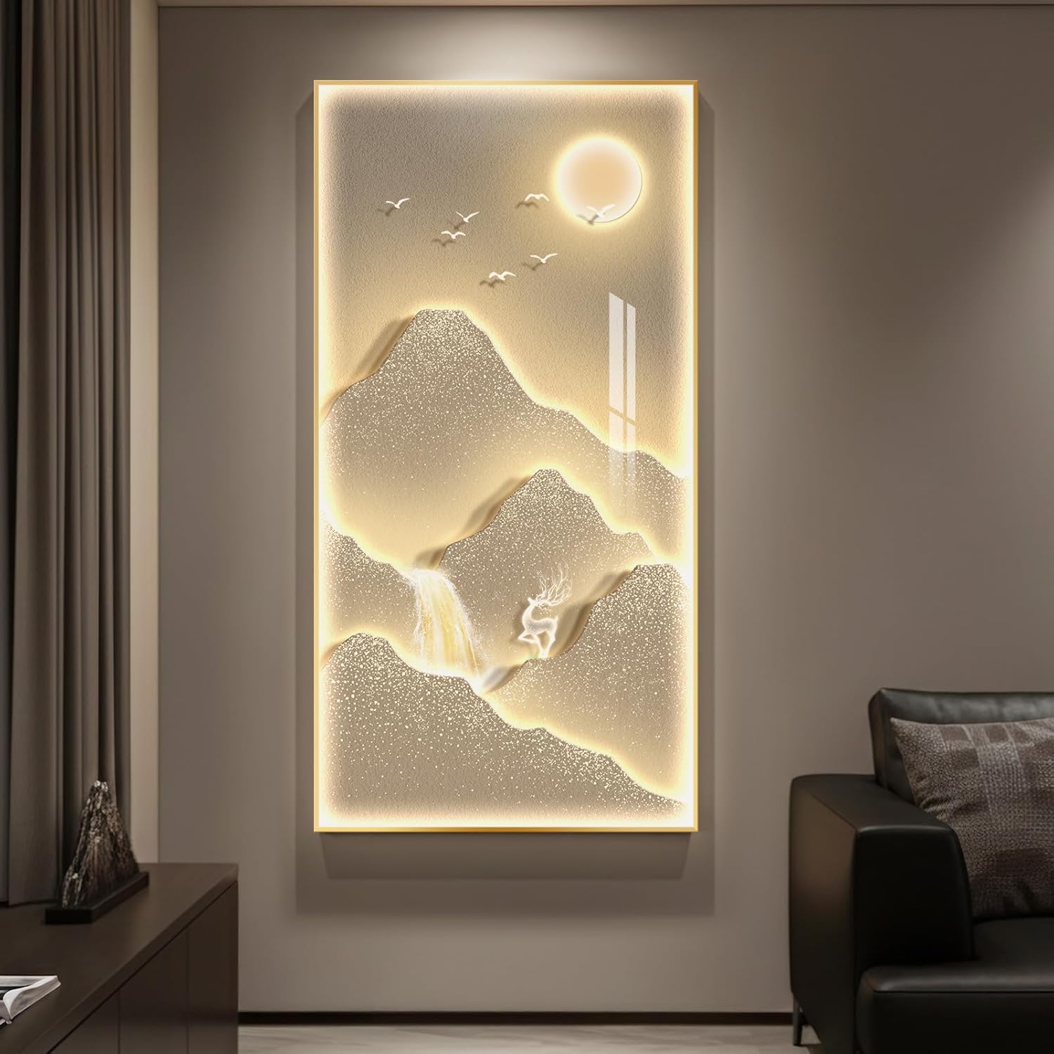 Framed LED Mountain Wall Art for Living Room, Large Vertical Lighted Modern Luxury Gold Bright Sun Waterfall Artwork for Walls, Nature Landscape Backlit Wall Decor for Hallway, Entryway, Home Office