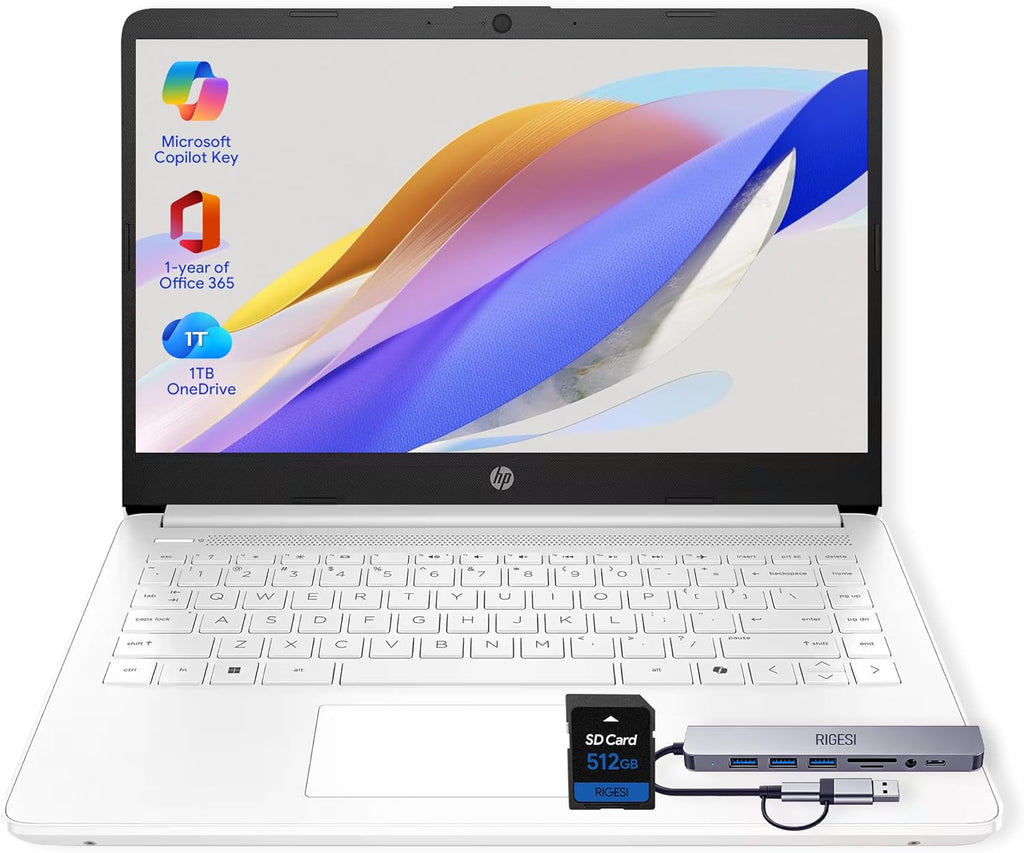 HP 14" Laptop · 576GB Storage · Microsoft 365 Included · 64GB + 512GB SD · 8GB RAM · HD Display · 12-Hour Battery · WiFi · Bluetooth · Windows 11 White