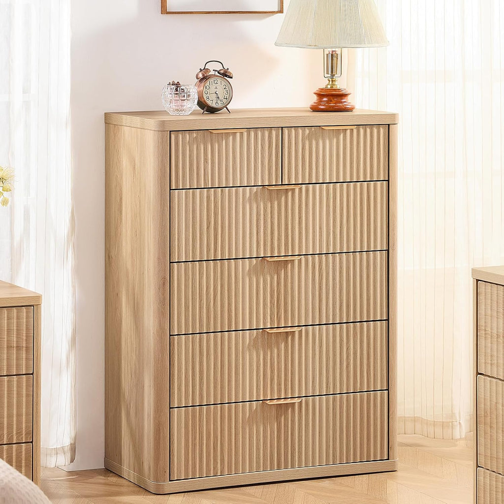 LEYAOYAO Fluted Dressers & Nightstand Set of 4, Wood 48" Wide Dresser & 42" Tall Chest of Drawers,Modern Bedroom Furniture Sets, Natural Wooden Nightstand Set of 2 with 3 Drawers & Charging Station