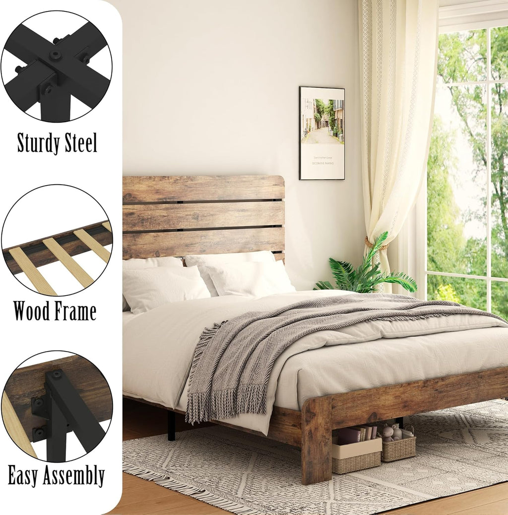 Wooden King Size Bed Frame with Headboard, Rustic Farmhouse Platform Bedframe with Wood Slat Support, Sturdy and No Noise, Easy Assembly (Light Brown/Linear Headboard, King)