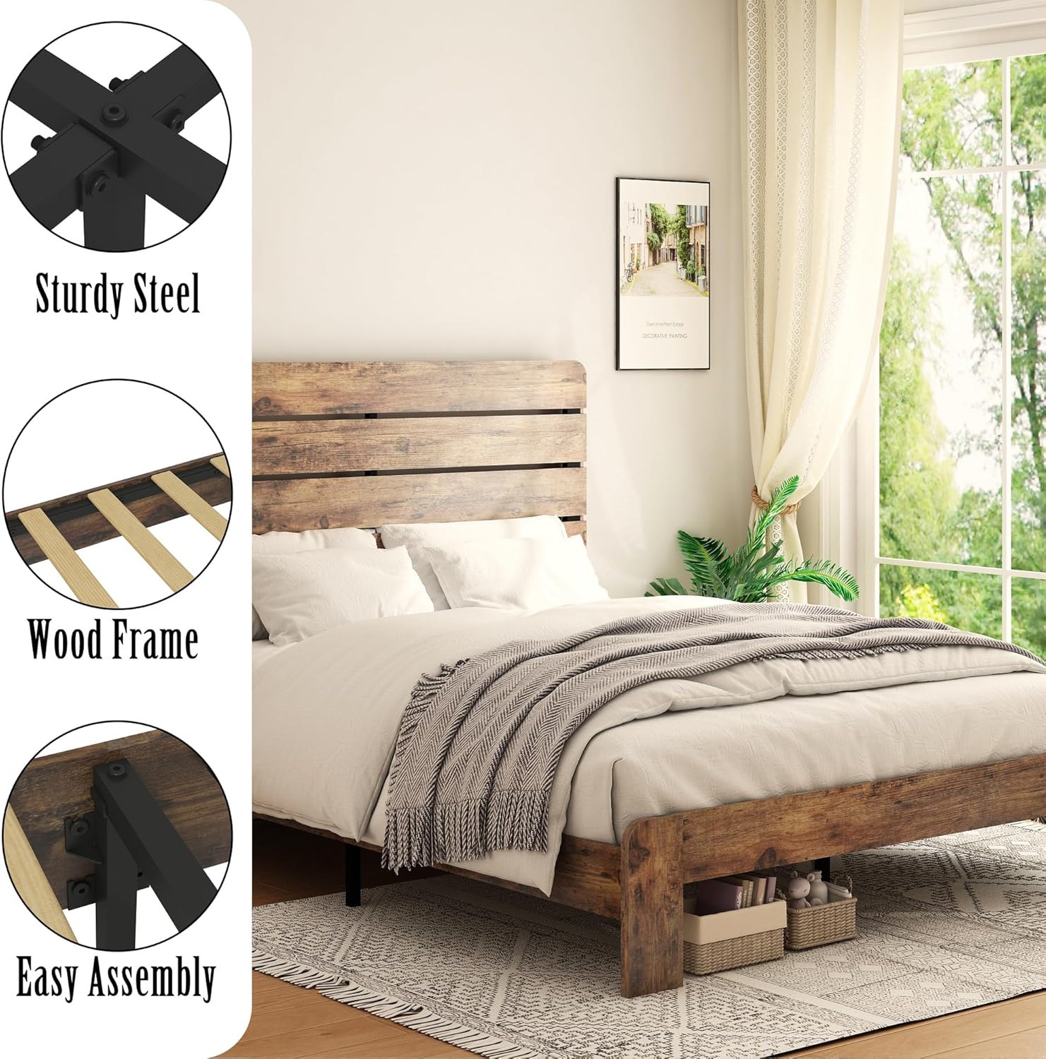 Wooden King Size Bed Frame with Headboard, Rustic Farmhouse Platform Bedframe with Wood Slat Support, Sturdy and No Noise, Easy Assembly (Light Brown/Linear Headboard, King)