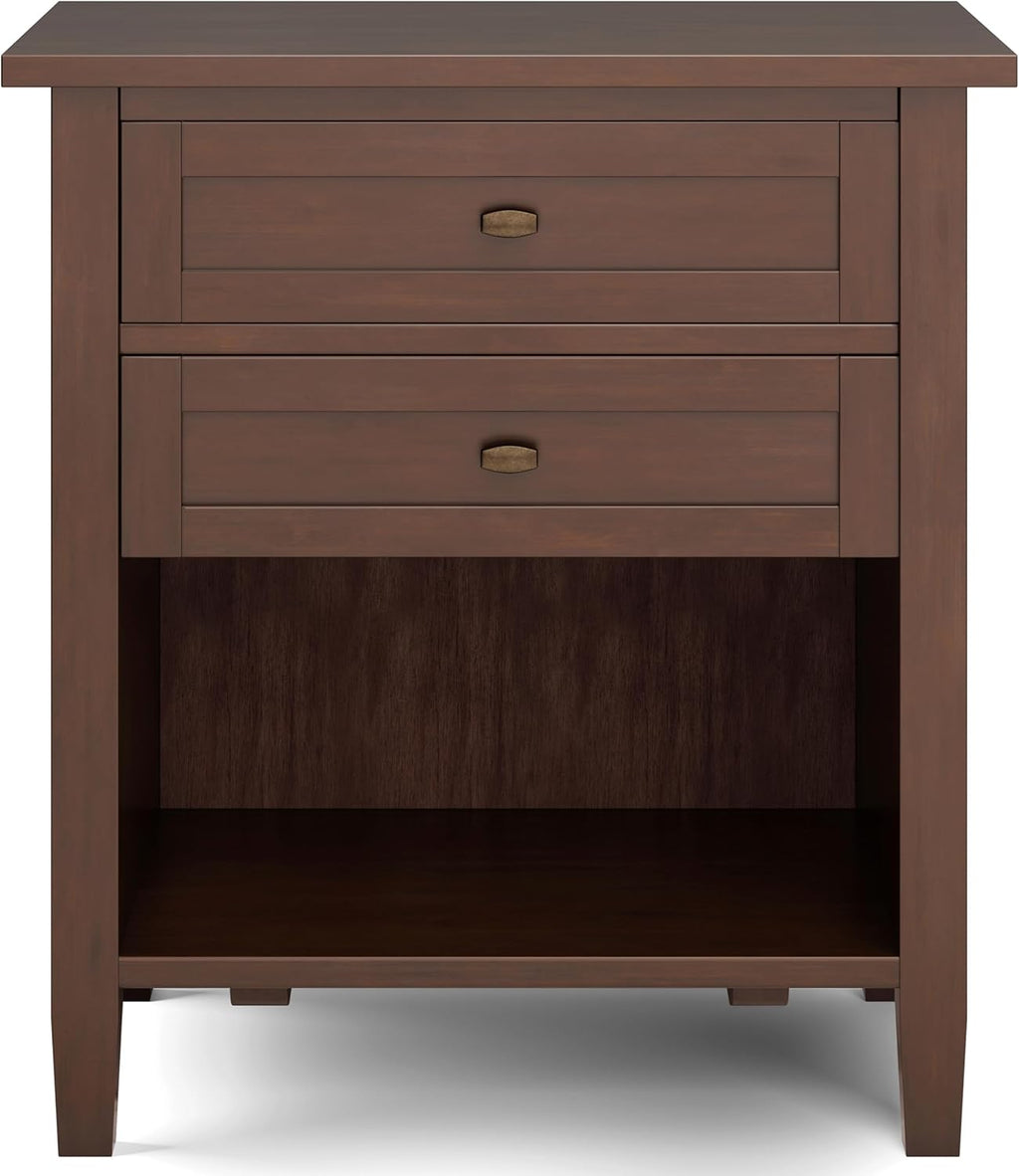 SIMPLIHOME Warm Shaker Bedside Table - 24 inch Wide Solid Wood Nightstand in Russet Brown, Transitional Bedroom Side or End Table with 2 Drawers, Open Shelf Storage and Brushed Nickel Hardware