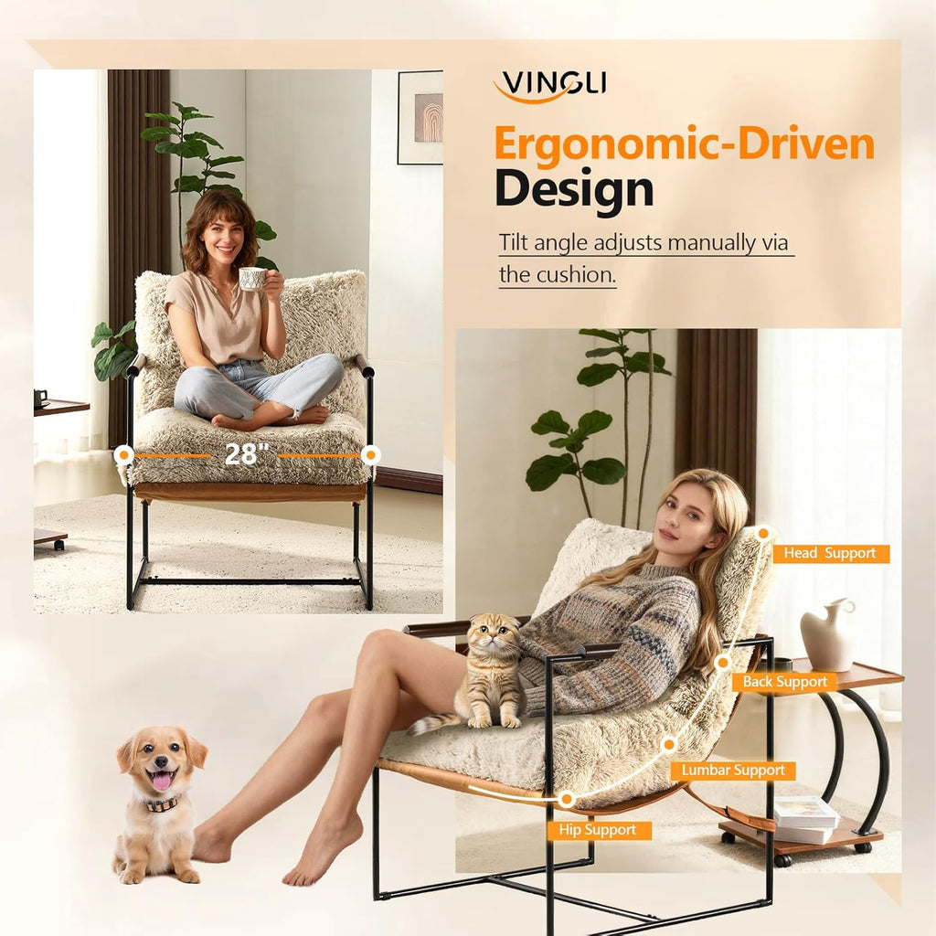VINGLI 28" Wide Plush Upholstery Sling Modern Accent Chairs Set of 2, Cute Reading Armchair with Removable Seat Cushion & Tan Microfiber Seat Base, Lazy Chair for Bedroom & Lounge, Beige