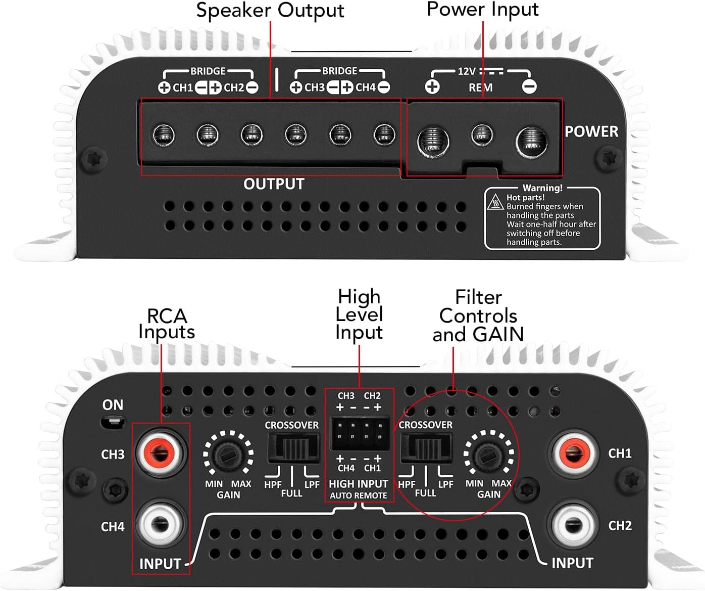 Taramps TS 1200x4 Amplifier Car Audio 1200W RMS 2 Ohms 4 Channels 2 Bridged Channels, Full Range Crossover Fixed RCA/Wire Input - Multichannel Class D