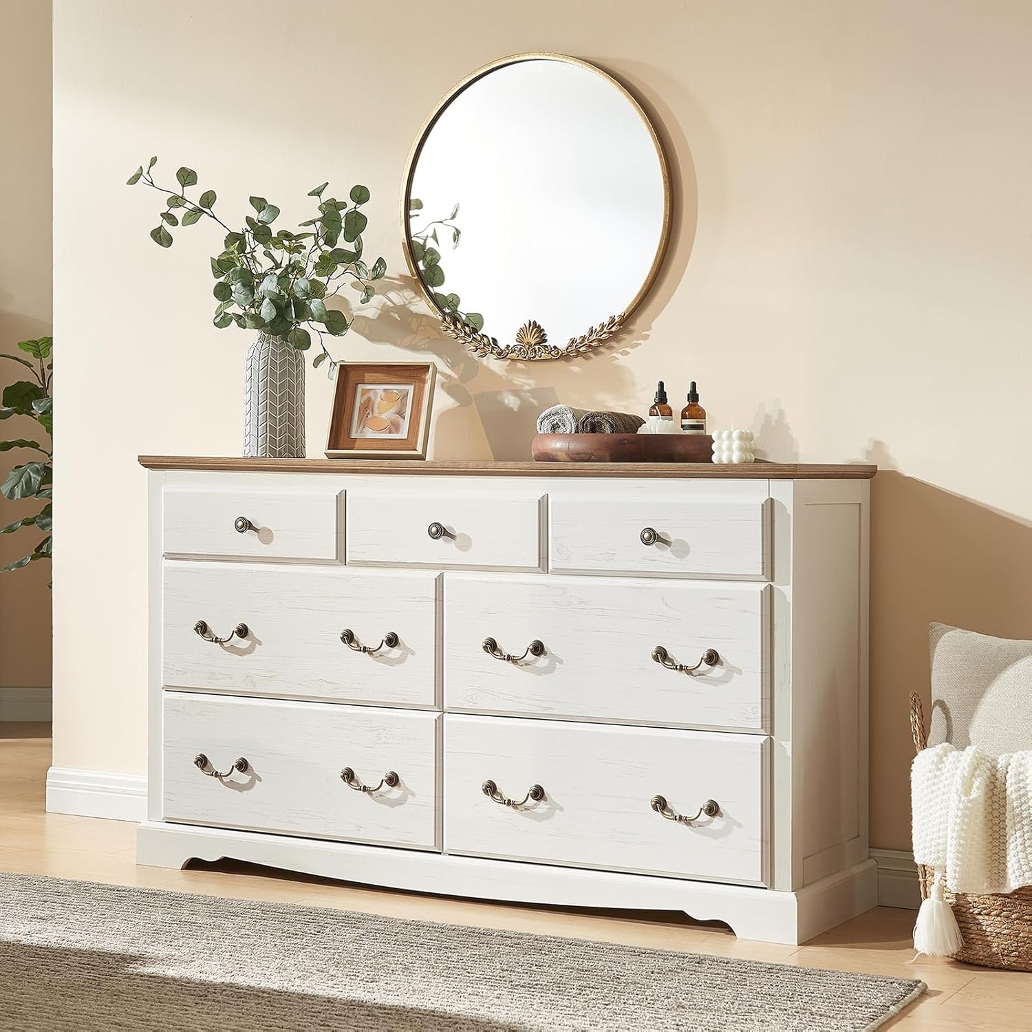 AMERLIFE Farmhouse 4 Pieces Bedroom Sets Includes 7 Drawers Dresser, 6 Dressers Organizer, Two Nightstands with Charging Station, White