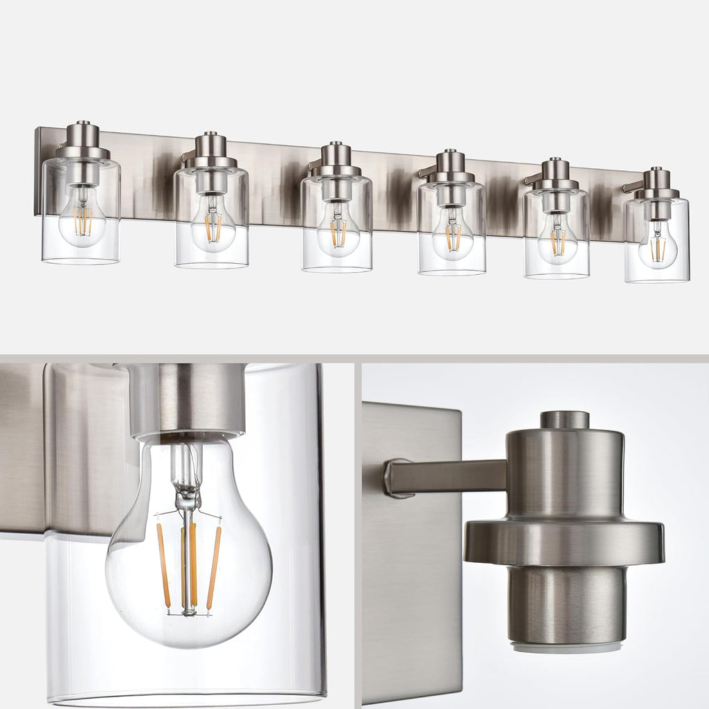 6 Light Vanity Light Brushed Nickel Bathroom Lighting Fixtures Over Mirror, Modern Bathroom Light with Clear Glass Shade, Farmhouse Vanity Lights